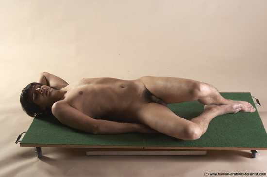 Nude Man White Laying poses - ALL Slim Medium Brown Laying poses - on back Realistic