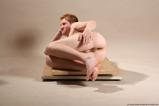 Nude Man White Laying poses - ALL Slim Short Red Laying poses - on side Realistic