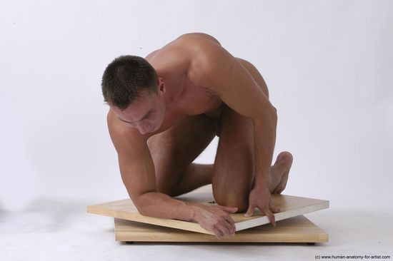 Nude Man White Kneeling poses - ALL Muscular Short Brown Kneeling poses - on both knees Realistic