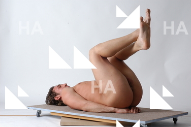 Nude Man White Laying poses - ALL Slim Short Brown Laying poses - on back Realistic