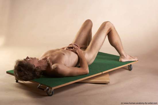 Nude Man White Laying poses - ALL Slim Short Brown Laying poses - on back Realistic