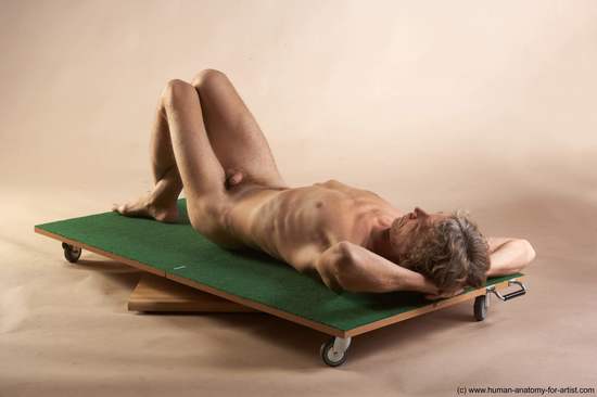 Nude Man White Laying poses - ALL Slim Short Brown Laying poses - on back Realistic