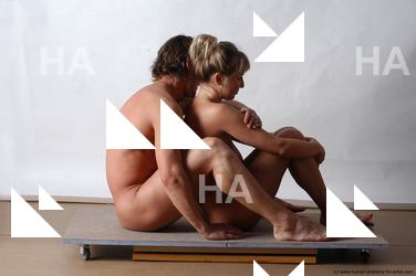 Nude Woman - Man White Laying poses - ALL Slim Short Brown Laying poses - on back Realistic