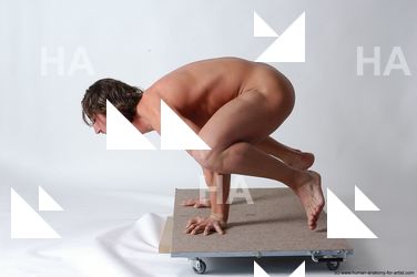 Nude Gymnastic poses Man White Slim Short Brown Realistic