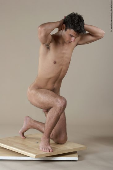 Nude Man White Kneeling poses - ALL Slim Short Kneeling poses - on one knee Black Realistic
