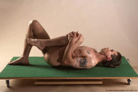 Nude Man White Laying poses - ALL Underweight Short Brown Laying poses - on back Realistic