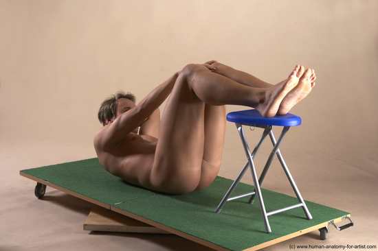 Nude Man White Laying poses - ALL Athletic Short Brown Laying poses - on back Realistic