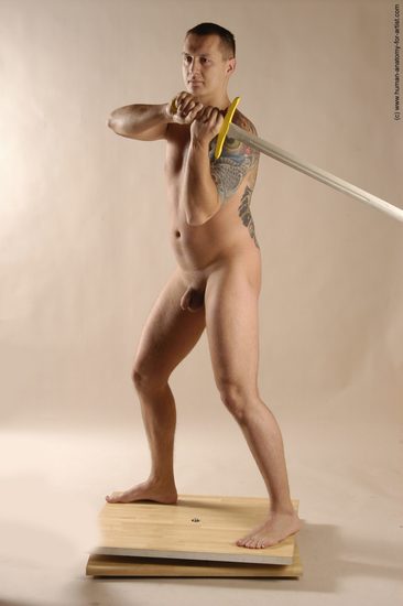 Nude Fighting with sword Man White Standing poses - ALL Average Short Brown Standing poses - simple Realistic