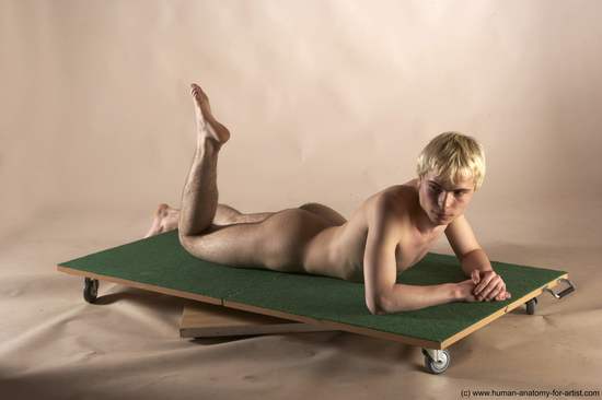 Nude Man White Laying poses - ALL Slim Short Blond Laying poses - on stomach Realistic