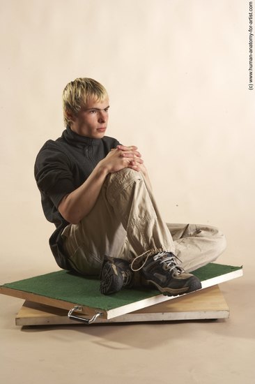 Casual Man White Sitting poses - simple Slim Short Blond Sitting poses - ALL Academic