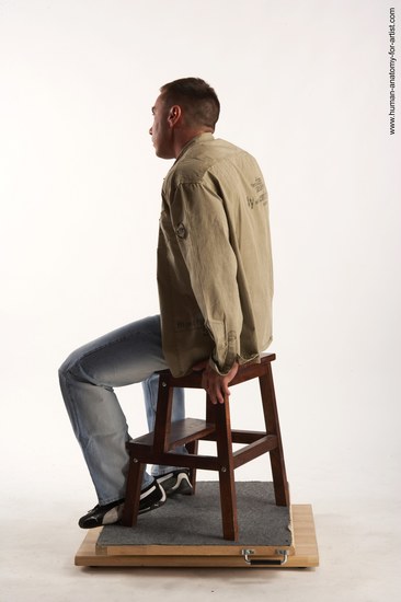Casual Man White Sitting poses - simple Muscular Short Brown Sitting poses - ALL Academic