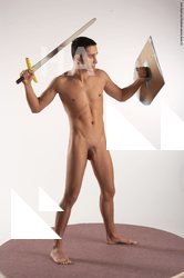 Nude Fighting with sword Man White Standing poses - ALL Slim Short Brown Standing poses - simple Realistic