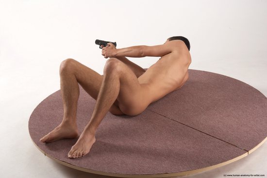 Nude Fighting with gun Man White Kneeling poses - ALL Slim Short Brown Kneeling poses - on one knee Realistic