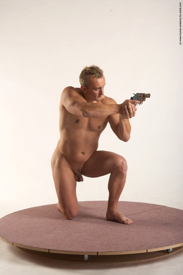 Nude Fighting with gun Man White Kneeling poses - ALL Muscular Short Blond Realistic