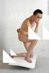 Nude Man Asian Laying poses - ALL Underweight Short Laying poses - on side Black Realistic