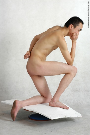 Nude Man Asian Laying poses - ALL Underweight Short Laying poses - on side Black Realistic