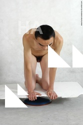 Nude Man Asian Kneeling poses - ALL Underweight Short Kneeling poses - on both knees Black Realistic