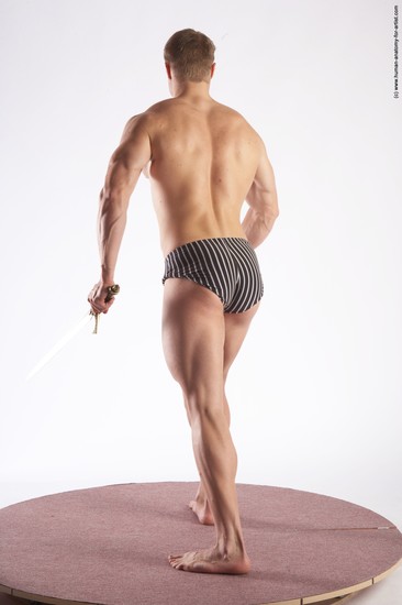 Underwear Fighting with sword Man White Standing poses - ALL Muscular Short Brown Standing poses - simple Academic