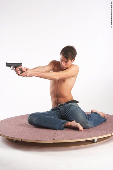 Casual Fighting with gun Man White Laying poses - ALL Slim Short Brown Academic