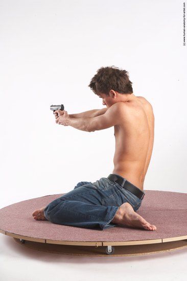 Casual Fighting with gun Man White Laying poses - ALL Slim Short Brown Academic