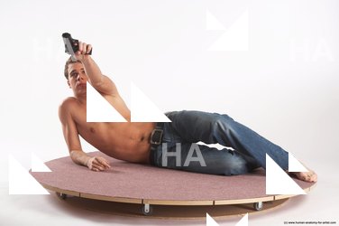 Casual Fighting with gun Man White Laying poses - ALL Slim Short Brown Laying poses - on side Academic