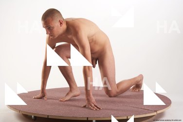 Nude Man White Kneeling poses - ALL Average Bald Kneeling poses - on one knee Realistic