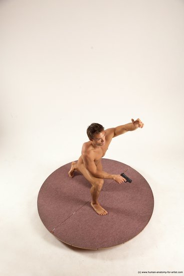 Nude Fighting with gun Man White Kneeling poses - ALL Athletic Short Brown Multi angles poses Realistic