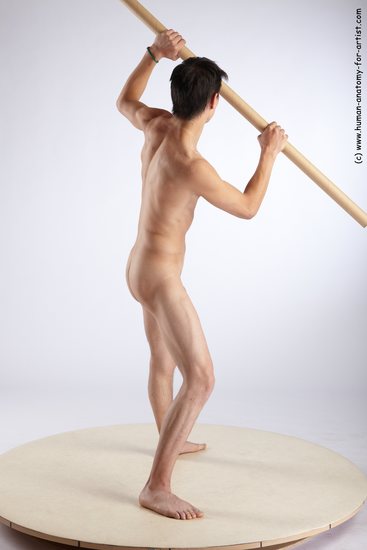 Nude Fighting with spear Man White Standing poses - ALL Slim Short Brown Standing poses - simple Realistic