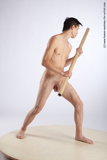 Nude Fighting with spear Man White Standing poses - ALL Slim Short Brown Standing poses - simple Realistic