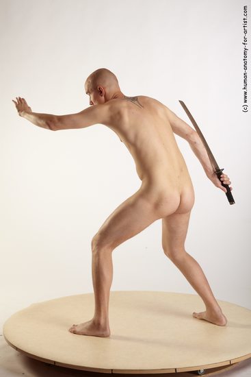 Nude Fighting with sword Man White Standing poses - ALL Slim Bald Standing poses - simple Realistic