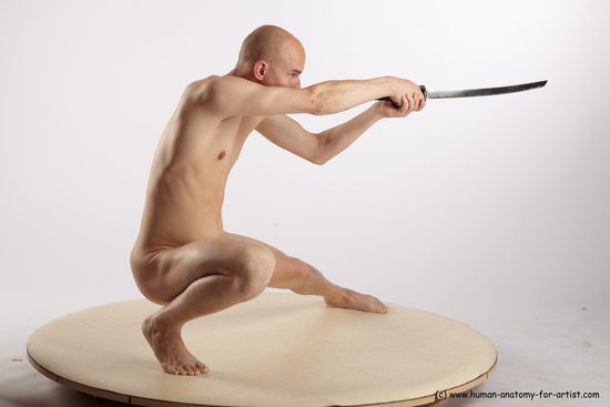 Nude Fighting with sword Man White Standing poses - ALL Slim Bald Standing poses - knee-bend Realistic