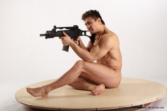 Nude Fighting with submachine gun Man White Sitting poses - simple Muscular Short Brown Sitting poses - ALL Realistic