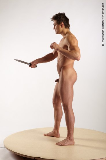 Nude Fighting with knife Man White Standing poses - ALL Muscular Short Brown Standing poses - simple Realistic