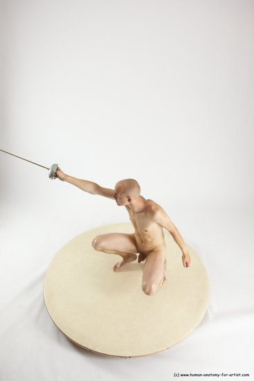 Nude Fighting with sword Man White Perspective distortion Slim Bald Multi angles poses Realistic