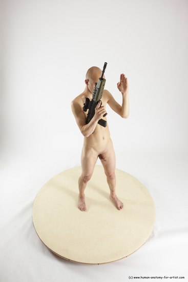 Nude Fighting with submachine gun Man White Standing poses - ALL Slim Bald Standing poses - simple Multi angles poses Realistic