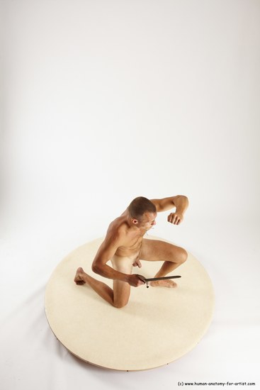 Nude Fighting with knife Man White Kneeling poses - ALL Slim Short Brown Kneeling poses - on one knee Multi angles poses Realistic