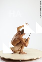 Nude Fighting with knife Man White Slim Short Brown Sitting poses - ALL Sitting poses - on knees Multi angles poses Realistic