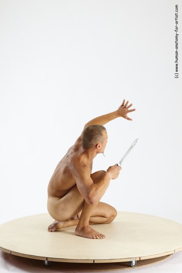 Nude Fighting with knife Man White Slim Short Brown Sitting poses - ALL Sitting poses - on knees Multi angles poses Realistic