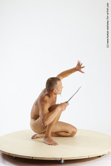 Nude Fighting with knife Man White Slim Short Brown Sitting poses - ALL Sitting poses - on knees Multi angles poses Realistic
