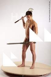 Nude Fighting with axe Man White Standing poses - ALL Muscular Short Brown Standing poses - simple Realistic