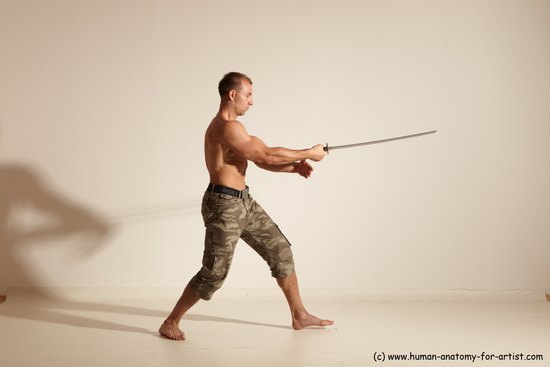 Casual Fighting with sword Man White Standing poses - ALL Muscular Short Brown Standing poses - simple Dynamic poses Academic