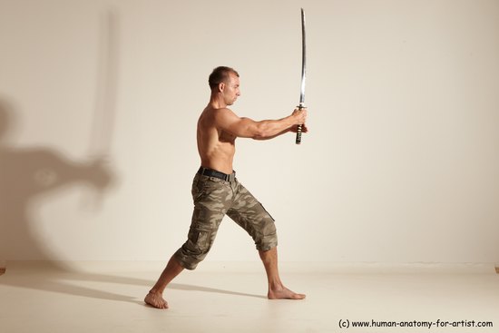 Casual Fighting with sword Man White Standing poses - ALL Muscular Short Brown Standing poses - simple Dynamic poses Academic