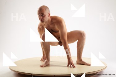 Nude Man White Standing poses - ALL Slim Bald Standing poses - knee-bend Realistic