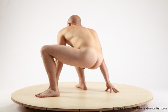 Nude Man White Standing poses - ALL Slim Bald Standing poses - knee-bend Realistic