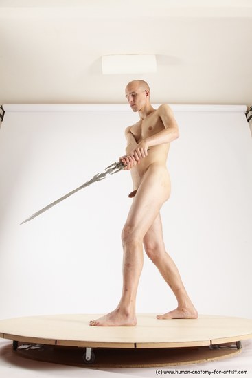 Nude Fighting with sword Man White Standing poses - ALL Slim Bald Standing poses - simple Multi angles poses Realistic
