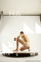 Nude Fighting with knife Man White Slim Short Brown Multi angles poses Realistic