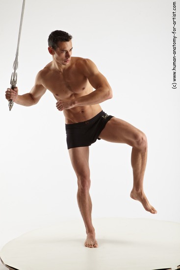 Underwear Fighting with sword Man White Standing poses - ALL Athletic Short Brown Standing poses - simple Academic