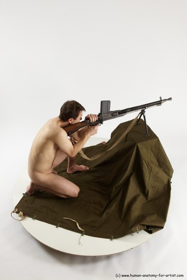 Nude Fighting with submachine gun Man White Slim Short Brown Multi angles poses Realistic