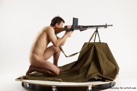 Nude Fighting with submachine gun Man White Slim Short Brown Multi angles poses Realistic