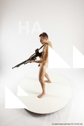 Nude Fighting with submachine gun Man White Slim Short Brown Multi angles poses Realistic